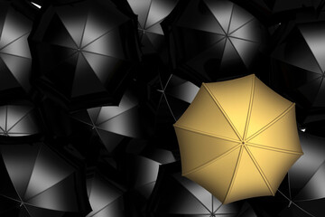 Golden umbrella and piles of black umbrella