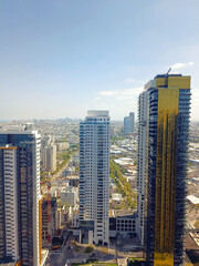 High-rise buildings in Israel 2023 Top view. golden reflection