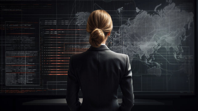 Businesswoman Standing in Front of Graphs Showing Downturn in Corporate Boardroom Meeting - Hyper-Realistic Image of Economic Recession and Uncertainty