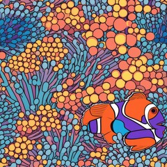 Seamless pattern of a clownfish on a coral reef. AI generated