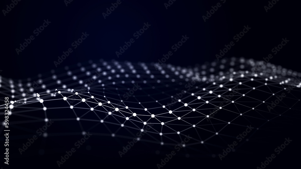 Poster hexagonal digital communication structure. connection of dots and lines on a dark background. 3d ren