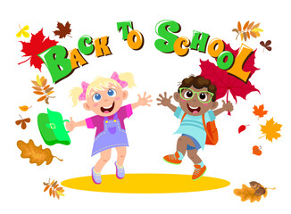 Joyful boy and girl with schoolbags go back to school. Vector illustration isolated on white background with autumn leaves and inscription