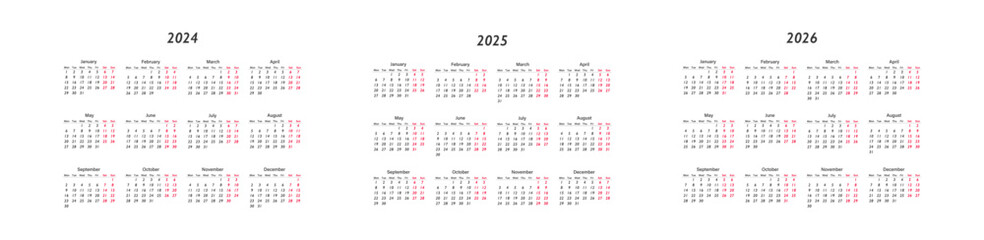 Calendar 2024, 2025 and 2026, week start Monday. Vector corporate design planner