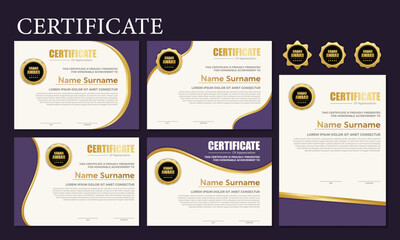 Award template certificate, gold color and blue gradient. Contains a modern certificate with a gold badge.