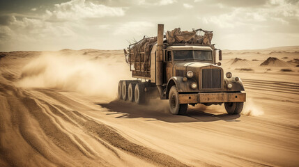 Highly customized rusty truck rushes through the desert. Generative AI