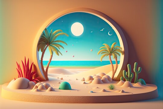 A digital illustration of a desert scene with palm trees and a moon Created using generative AI tools