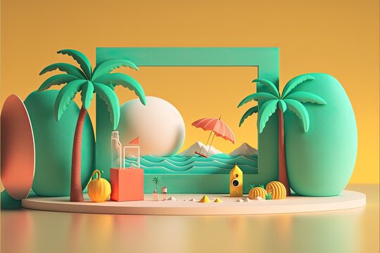 A green beach scene with a palm tree Created using generative AI tools