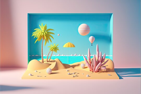 A paper cutout of a beach scene with a palm tree Created using generative AI tools