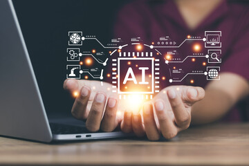 Ai Artificial Intelligence concept businesswoman show virtual graphic connect Internet showing the use bot Chat with AI,data storage and processing,technology,sales,service,industry to the future.