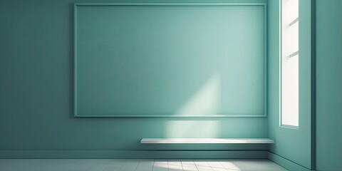 Minimalistic light green wall in an empty room for presentation background. Elegant lighting with abstract shadows. - Generative AI 