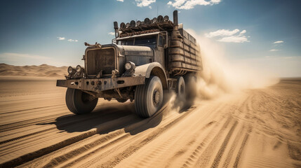 Highly customized rusty truck rushes through the desert. Generative AI