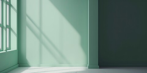Minimalistic light green wall in an empty room for presentation background. Elegant lighting with abstract shadows. - Generative AI 