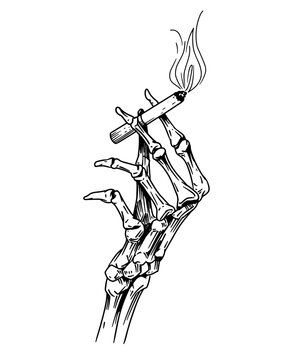 Skeleton hand with cigarette. Hand drawn vector sketch. Black outline on transparent background