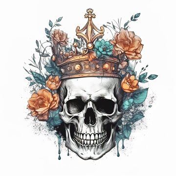Watercolor image of a skull in a crown surrounded with flowers. Generated ai.
