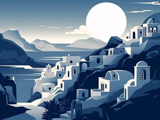 Beautiful Santorini in illustration view. The view at sunset. Santorini is very popular as a tourist destination.