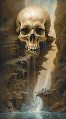 Epic Skull Cascading Waterfall Surreal, Gothic, Macabre, Haunting Background A Dark Masterpiece AI Generated 
