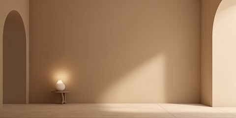 Minimalistic light beige wall in an empty room for presentation background. Elegant lighting with abstract shadows. - Generative AI 