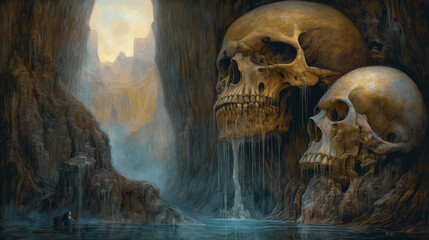 Epic Skull Cascading Waterfall Surreal, Gothic, Macabre, Haunting Background A Dark Masterpiece AI Generated 
