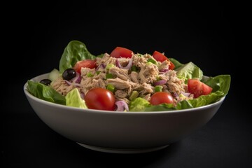 tuna salad with chunks of tuna, diced tomatoes and onions, and lettuce in a bowl