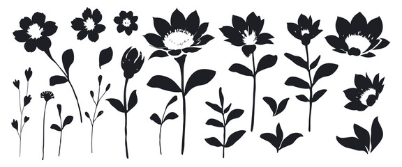 Abstract vector flowers and leaves. Black plant elements isolated on white background