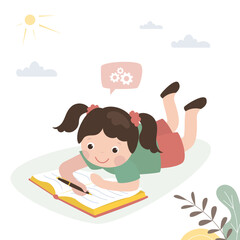 Caucasian girl lies and uses pen to write her homework. Learning process, education, female student makes notes in textbook. Smart girl is learning. Preschooler write personal diary.