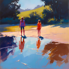 Summer Authentic outdoor experiences, showcase warm-weather adventure, fun, Hand drawn abstract, Vibrant Ink And Luministic Oil Painting, Background, artwork Concept, Abstract luxury, generative AI
