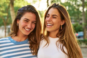 Fototapeta premium Two friends smiling happily in a park.