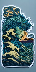  Sticker, work of Hokusai, Ukiyo-e style, Statue of Liberty 1900, psychedelic, abstract. The foreground is like the wave off Kanagawa. The wave is transforming into the head of the dragon and Liberty