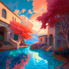 Summer Authentic outdoor experiences, showcase warm-weather adventure, fun, Hand drawn abstract, Vibrant Ink And Luministic Oil Painting, Background, artwork Concept, Abstract luxury, generative AI
