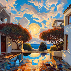 Summer Authentic outdoor experiences, showcase warm-weather adventure, fun, Hand drawn abstract, Vibrant Ink And Luministic Oil Painting, Background, artwork Concept, Abstract luxury, generative AI
