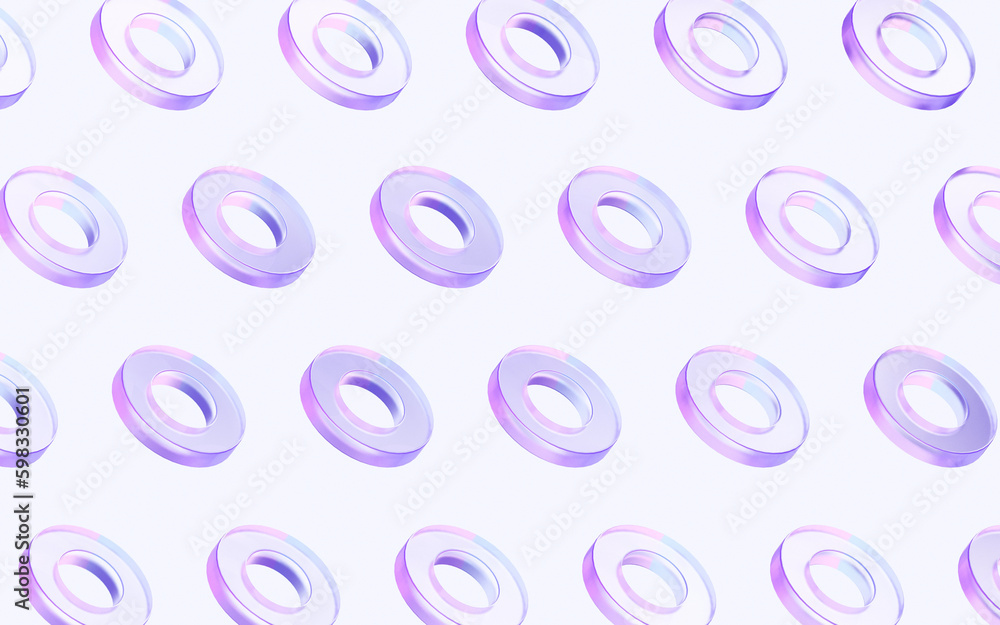 Poster round ring glass shapes pattern with colorful gradient. 3d rendering illustration