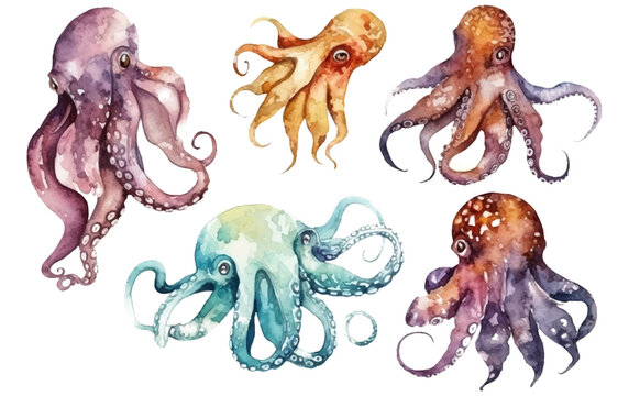 watercolor set vector illustration of octopus isolsated on white background Generative AI