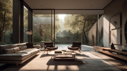 Modern interior with large windows. AI generated