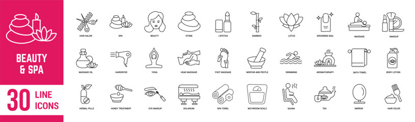 Beauty and spa editable stroke icons set with transparent background. Spa, beauty, care, salon, healthy, facial, massage, therapy, herbal and many more. Vector editorial.