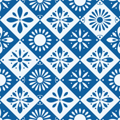 Seamless pattern with traditional ornate decorative tiles. Portuguese ceramic square tiles in blue. Colorful vector illustration.