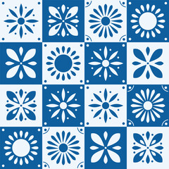 Seamless pattern with traditional ornate decorative tiles. Portuguese ceramic square tiles in blue. Colorful vector illustration. - 598331494