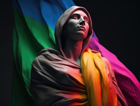 A photograph of a statue with a colorful pride flag draped across its shoulders.Generative AI