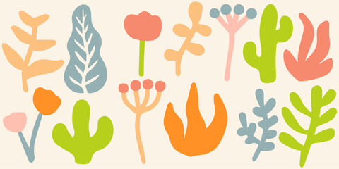 set of flowers handdrawn doodle free hand kid drawing. Botanical Nature flowers and Leaves objects. vector element pattern isolated images. eps 10.