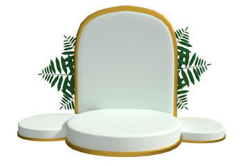 3D stone White podium dais stage and nature Gold and leaves. elegant white podium mock-up stand product scene white. Alpha background. 3d podium stage illustration render modern style.