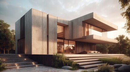 Sleek lines and monochromatic color scheme modern house exterior. AI generated