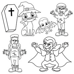 Funny halloween cartoon characters vector illustration. For kids coloring book.