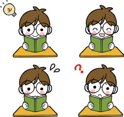 本を読む男の子のイラストセット