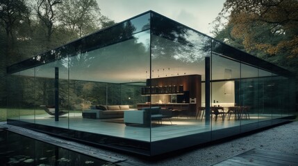 Obraz premium The use of glass and metal finishes gives this building a sleek, futuristic feel. AI generated