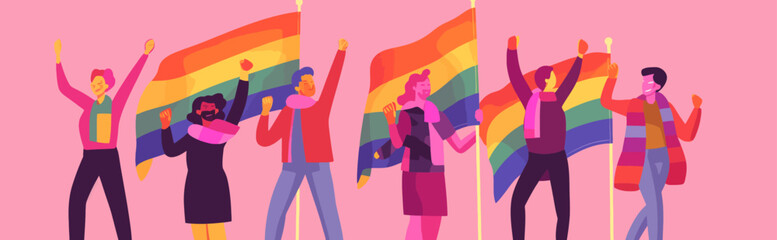 A crowd of people with an LGBTQ+ flag. Human rights peaceful protest. Rainbow banner vector LGBT pride month illustration