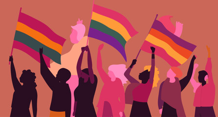 Obraz na płótnie Canvas A crowd of people with an LGBTQ+ flag. Human rights peaceful protest. Rainbow banner vector LGBT pride month illustration