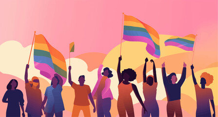 A crowd of people with an LGBTQ+ flag. Human rights peaceful protest. Rainbow banner vector LGBT pride month illustration