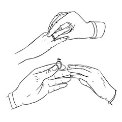 Graceful women's hand with a beautiful ring with a big shining diamond. A marriage proposal and wedding concept. Isolated vector illustration flat design. Generative AI