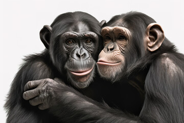 Image of chimpanzee showing love to each other. Wildlife Animals. Illustration, generative AI.