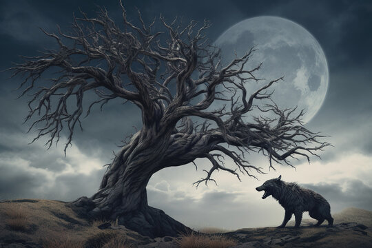 Image of a wolf and big tree at night. Wildlife Animals. Illustration, Generative AI.