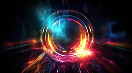Fototapeta premium Colorful abstract light rings lens flare. Shining neon burst of glowing solar eclipse.